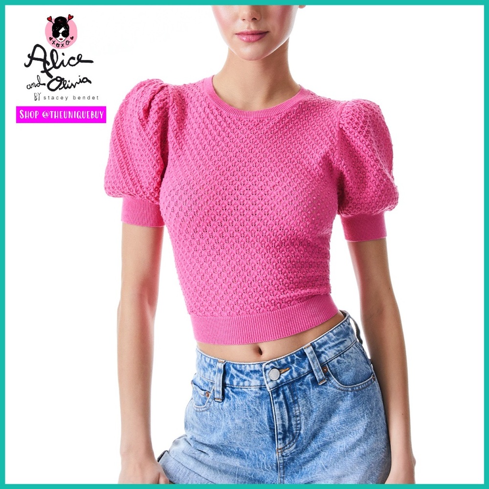 Alice + Olivia Risa Wool Blend Pink Puff Sleeve Pointelle Pullover Top
